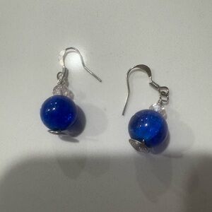 New handmade blue cracked glass earrings silver hook spiral on bottom